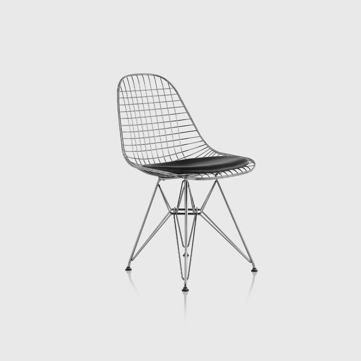 Eames Wire Chair with Upholstered Seat Pad, Wire Base, Chrome & Black Leather