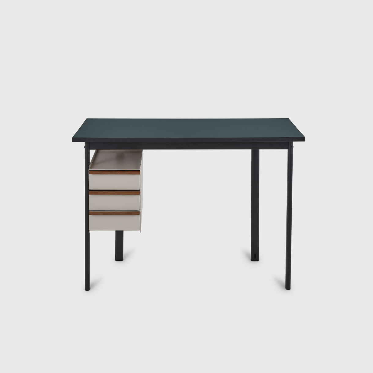 Mode Desk with Storage, Blue Grey Top, Sandstone Storage, Walnut Handles