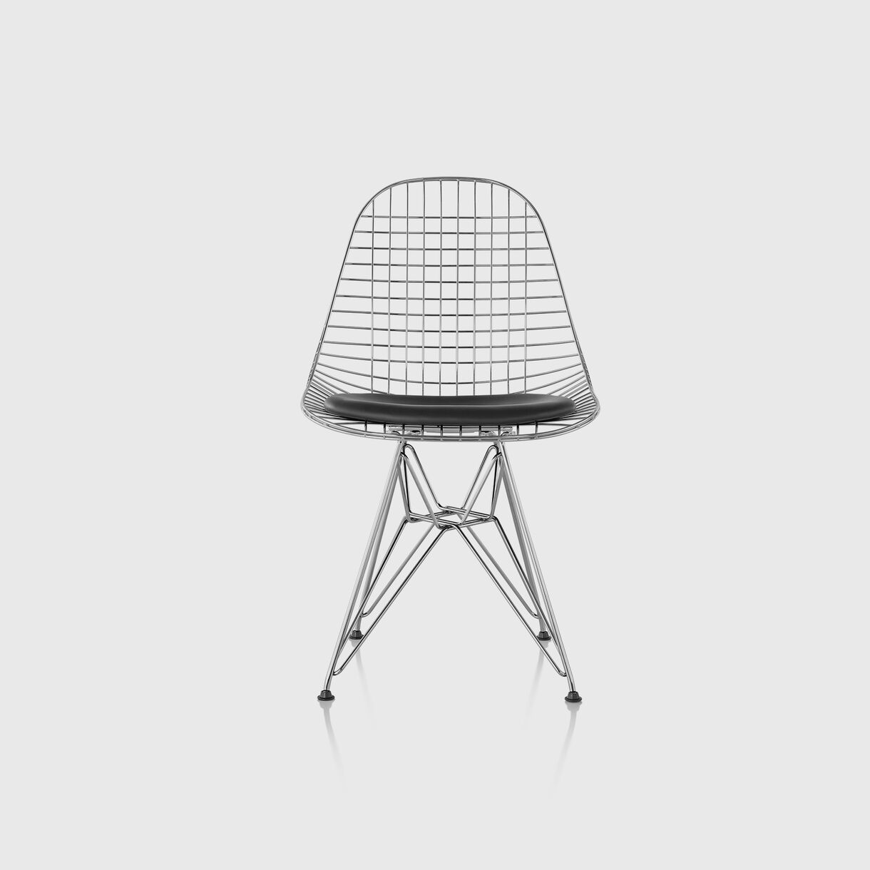 Eames Wire Chair with Upholstered Seat Pad, Wire Base, Chrome & Black Leather