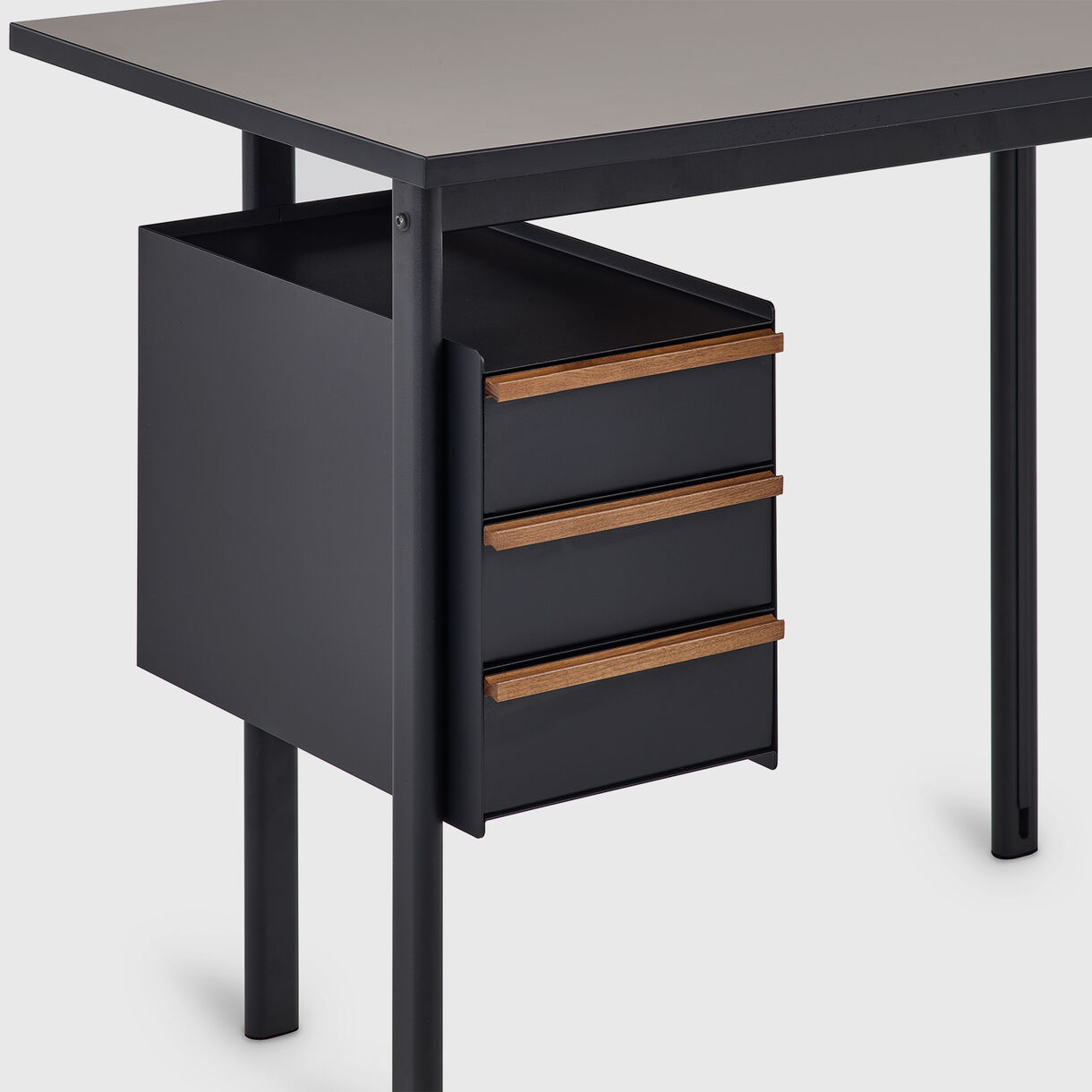Mode Desk with Storage, Sandstone Top, Black Storage, Walnut Handles