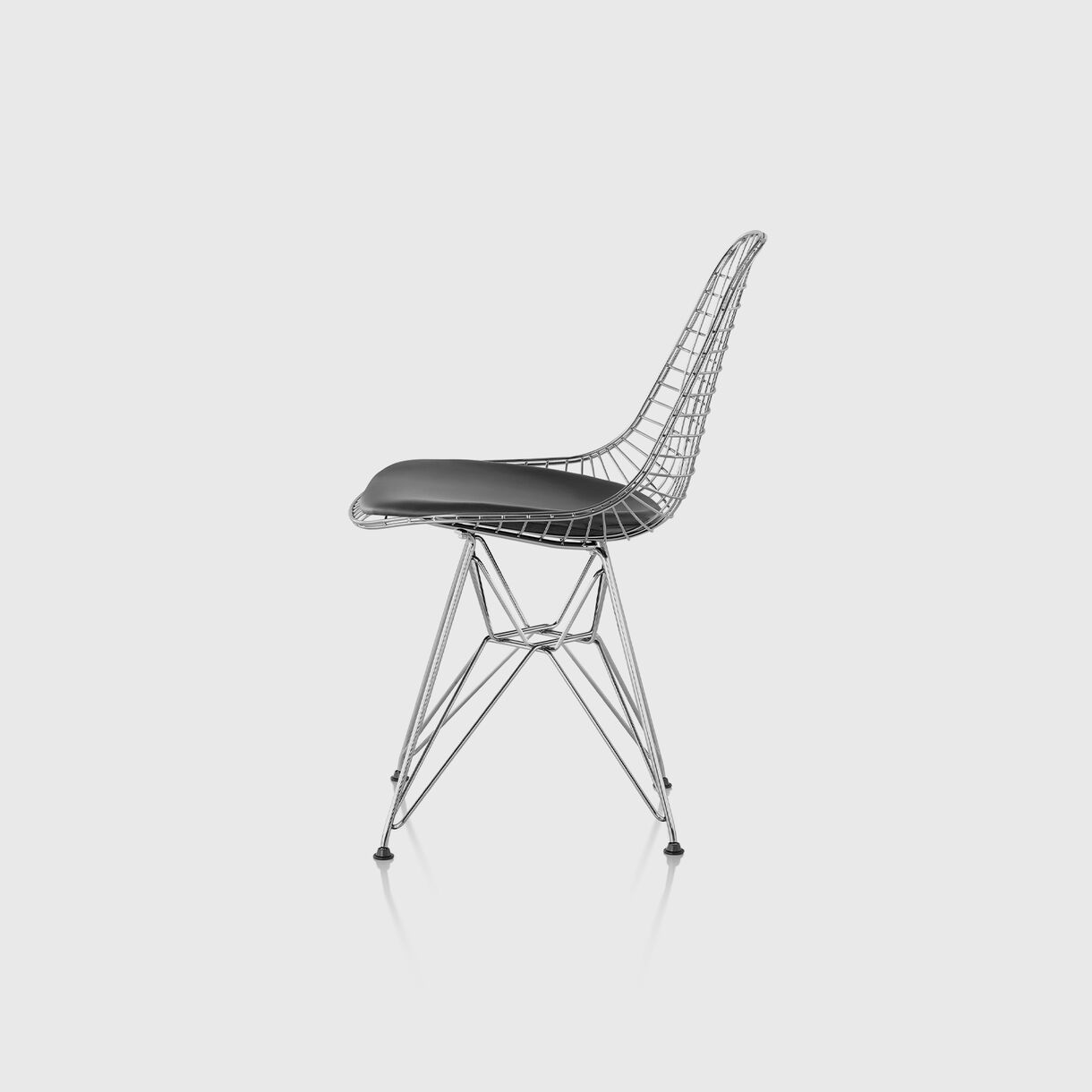 Eames Wire Chair with Upholstered Seat Pad, Wire Base, Chrome & Black Leather