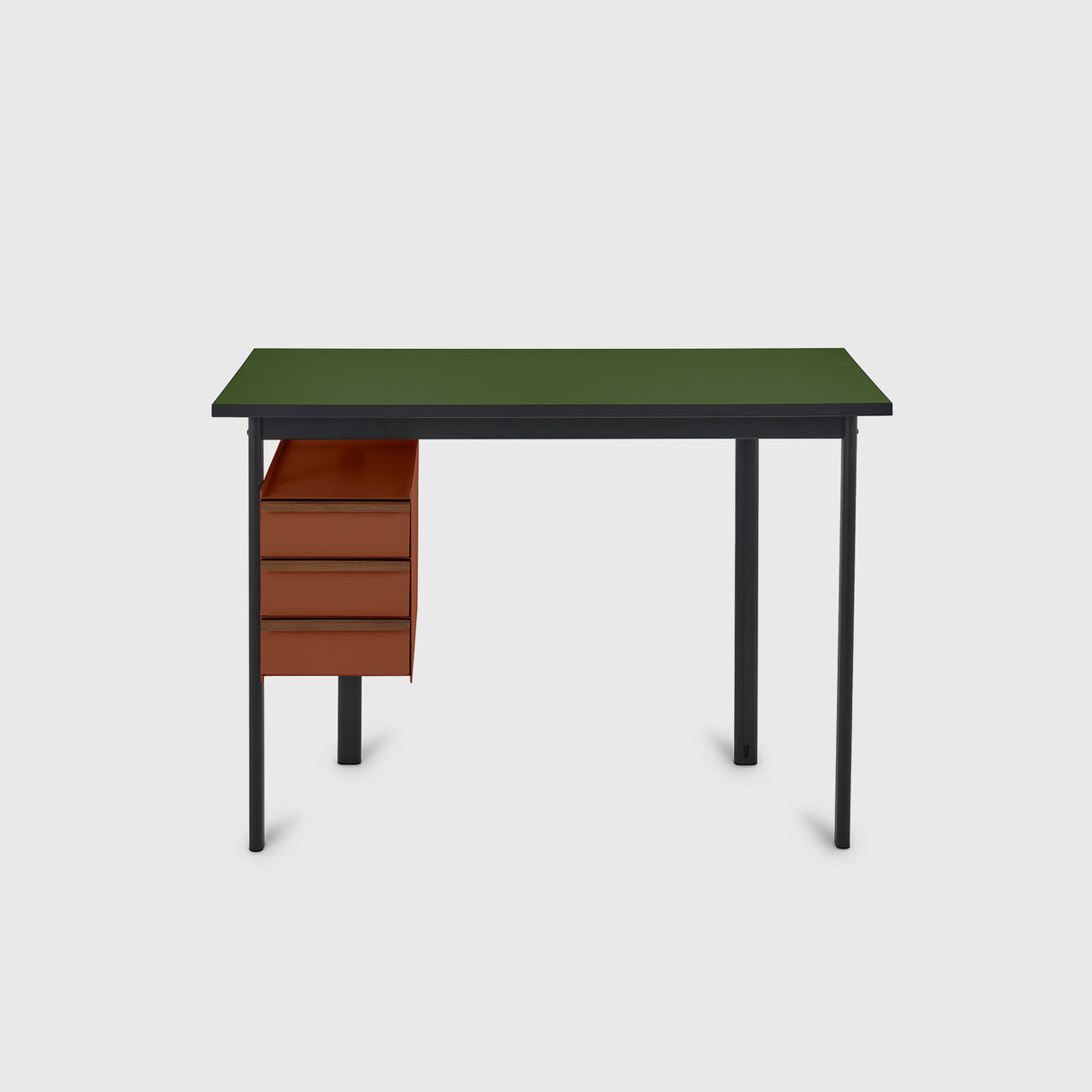 Mode Desk with Storage, Pesto Top, Terracotta Storage, Walnut Handles