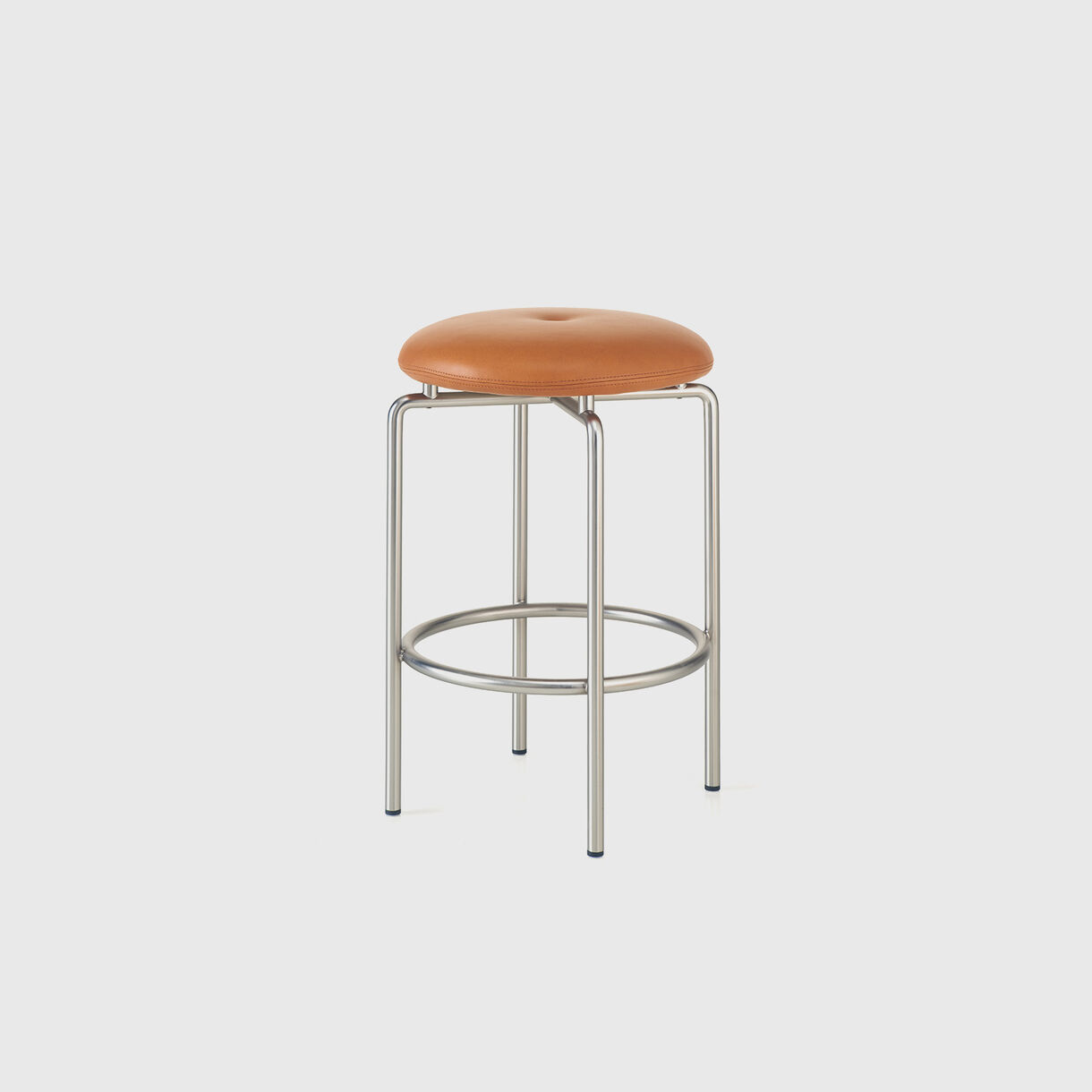 Circular Counter Stool, British Tan Leather & Satin Nickel