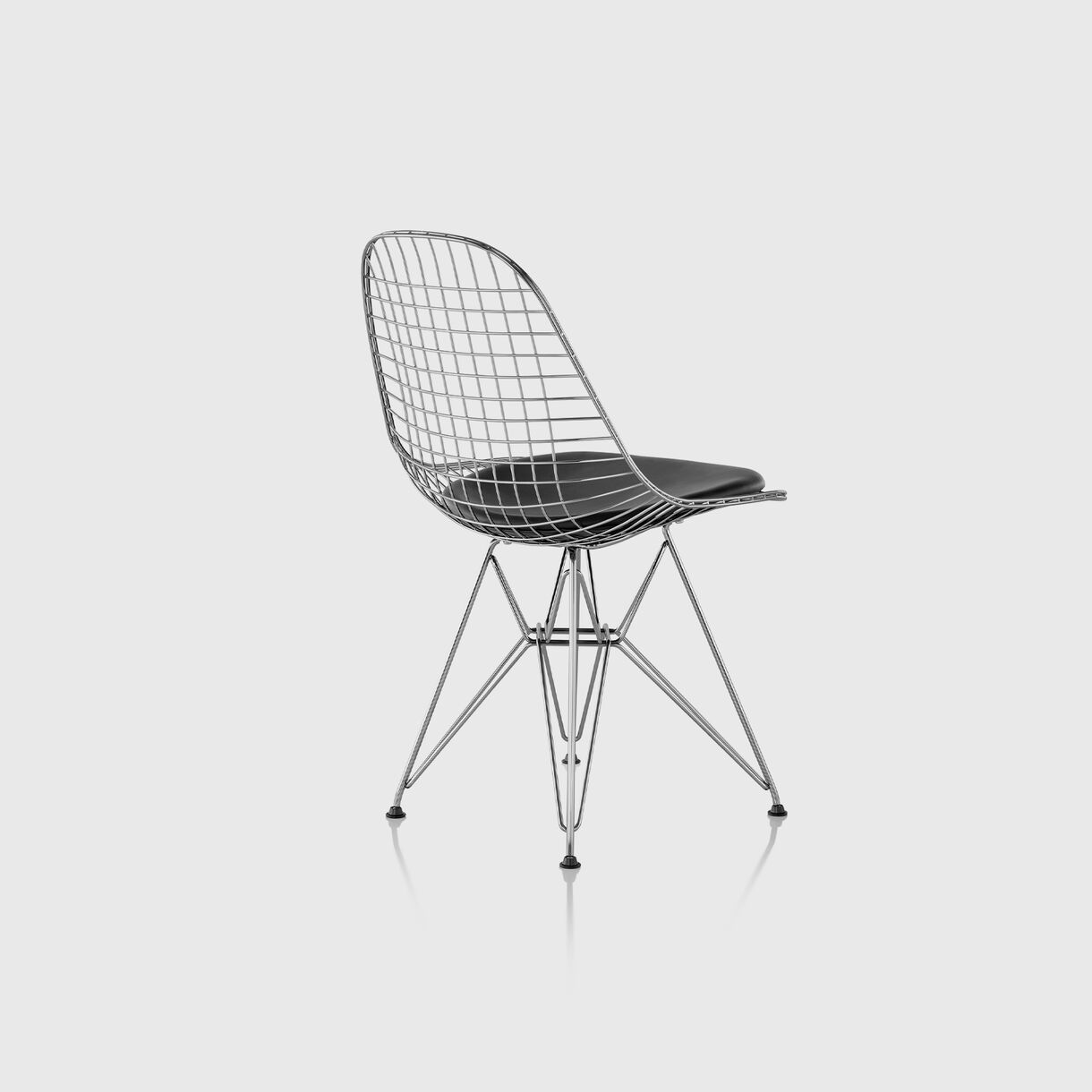Eames Wire Chair with Upholstered Seat Pad, Wire Base, Chrome & Black Leather