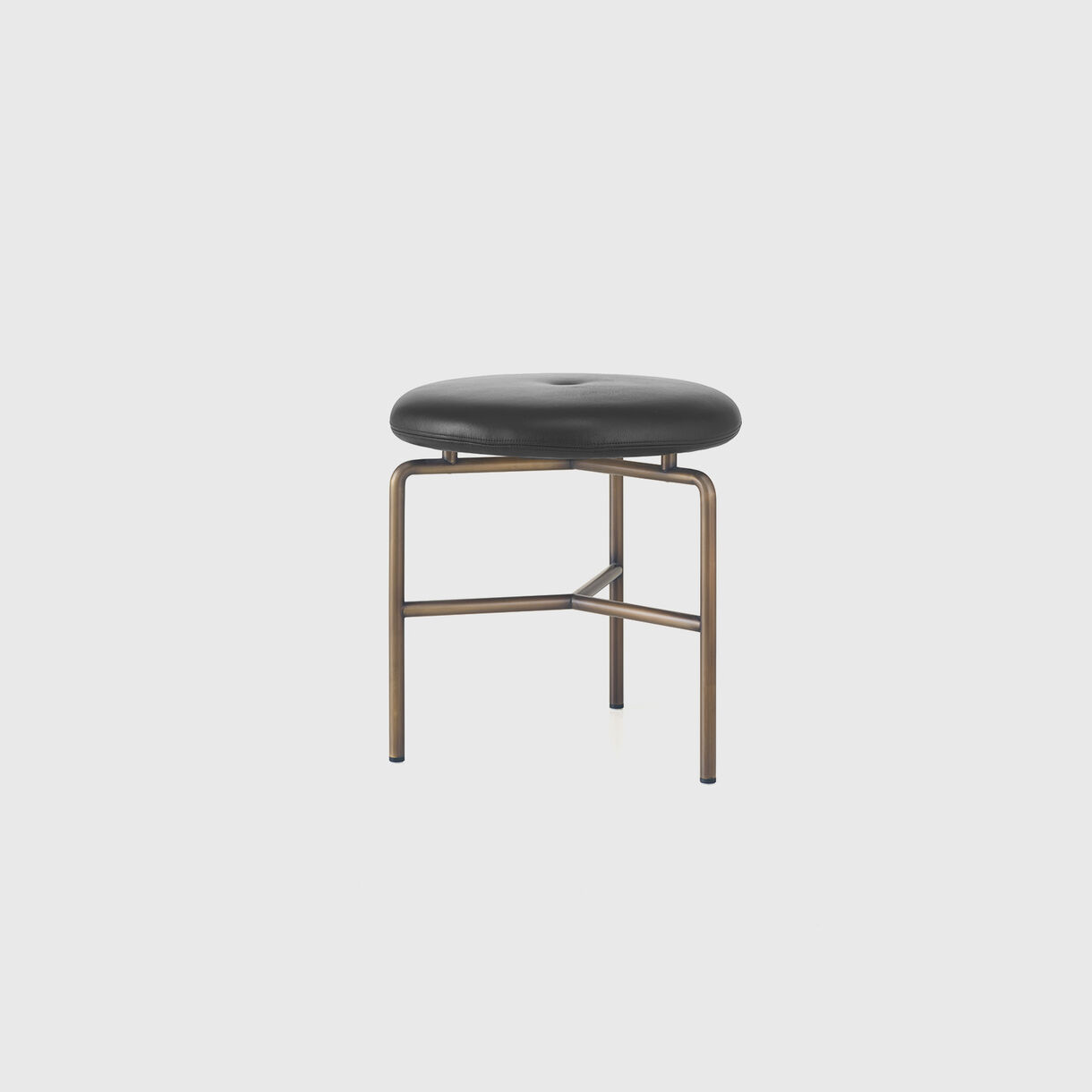 Circular Low Stool, Black Leather & Bronze