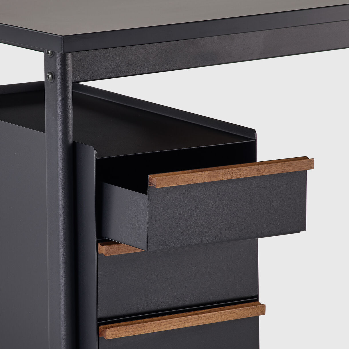 Mode Desk with Storage, Sandstone Top, Black Storage, Walnut Handles