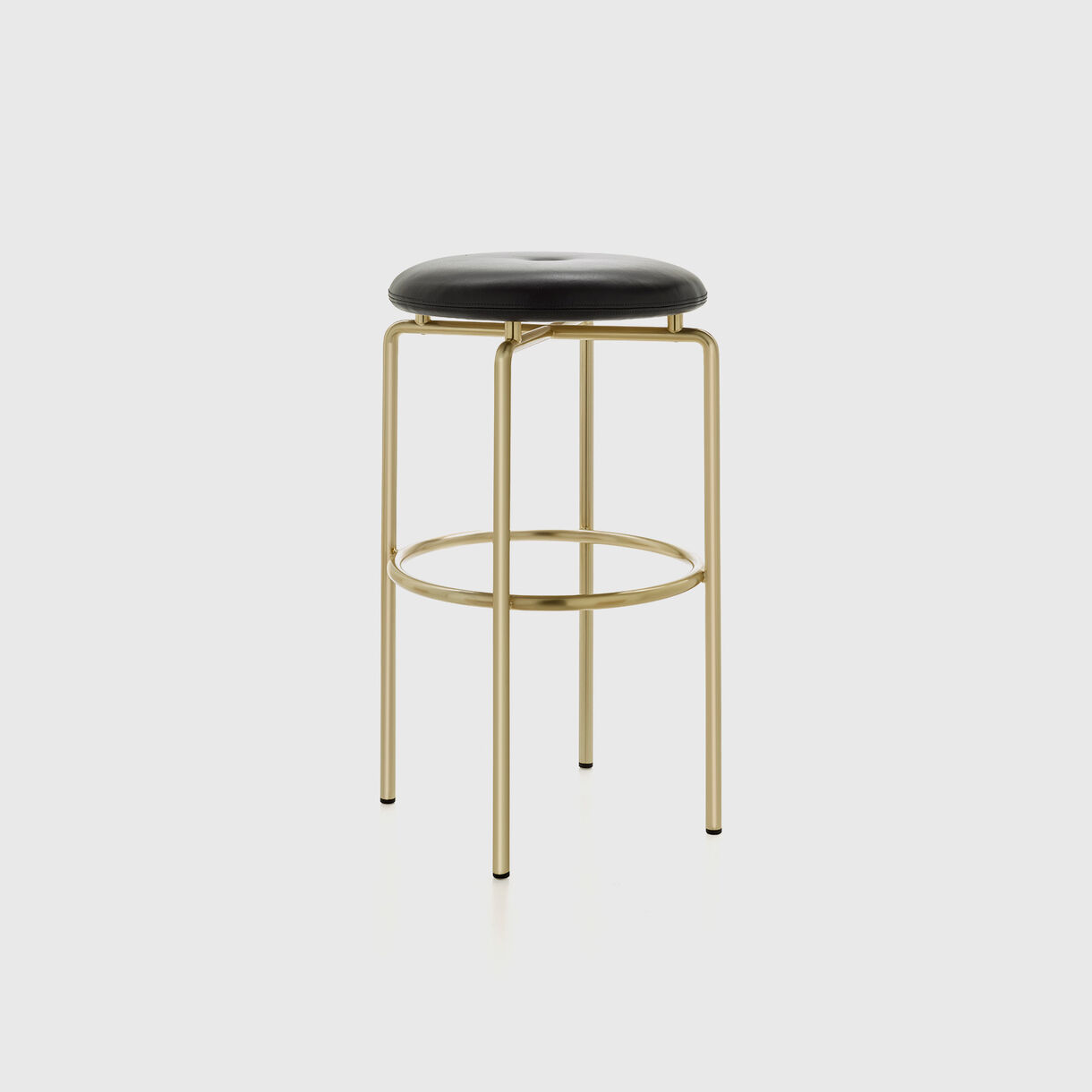 Circular Bar Stool, Satin Brass, Black Leather