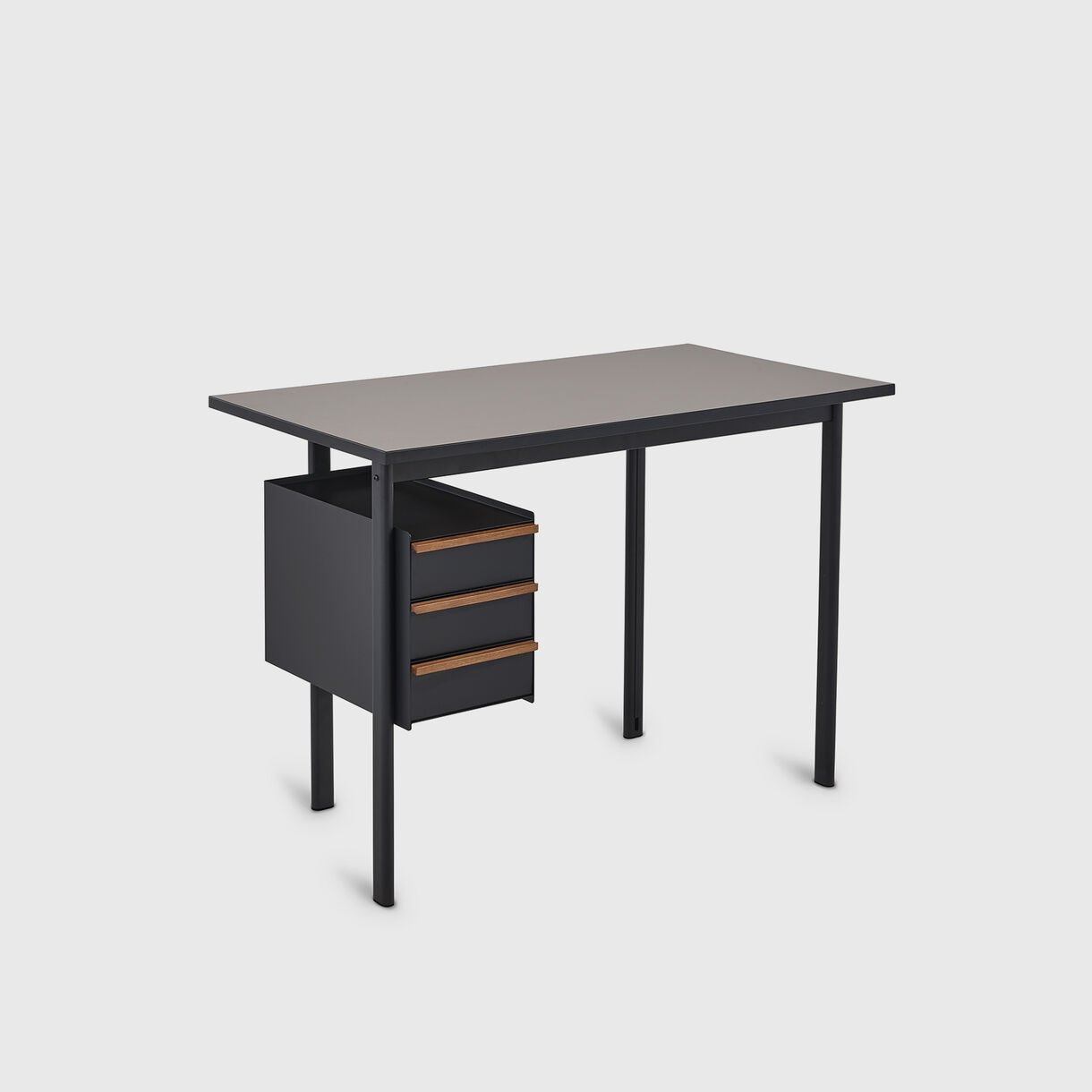 Mode Desk with Storage, Sandstone Top, Black Storage, Walnut Handles