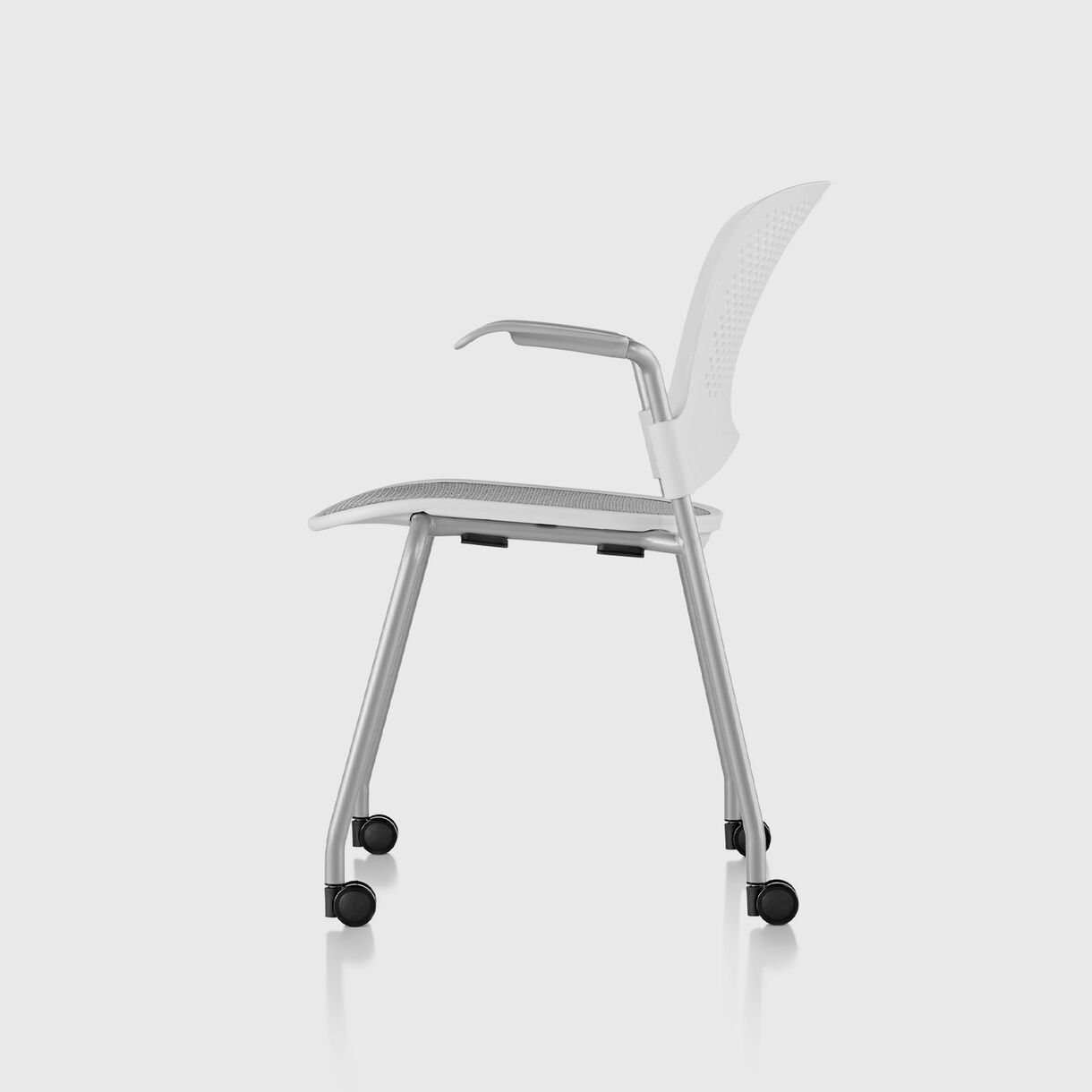 Caper Stacking Chair, Flexnet Seat - White & Silver with Casters