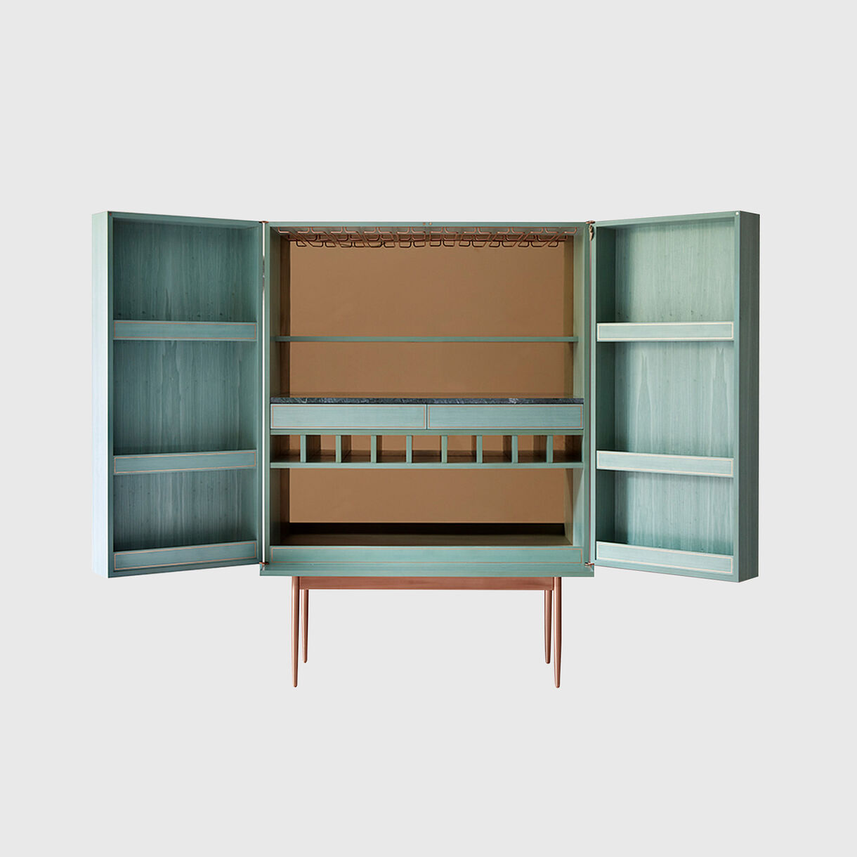 Dhow Bar Cabinet, Teal, Copper, Opened