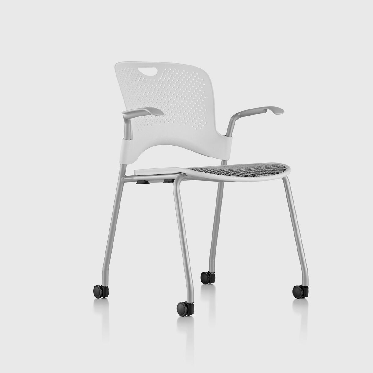 Caper Stacking Chair, Flexnet Seat - White & Silver with Casters