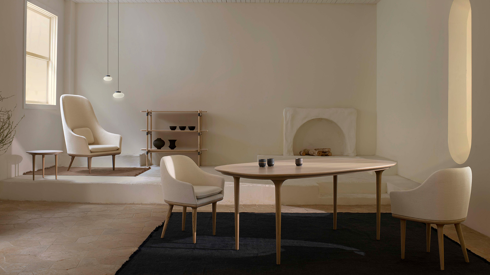 Lunar High Back Chair, Side Table, Dining Chair, Dining Table, Lifestyle